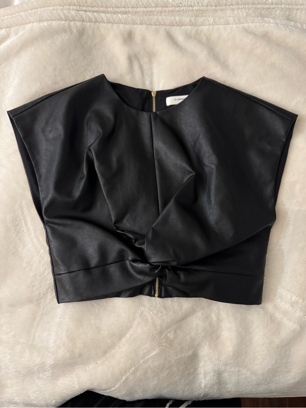 NWT COMMENSE Black Faux Leather Knotted Top Size Large